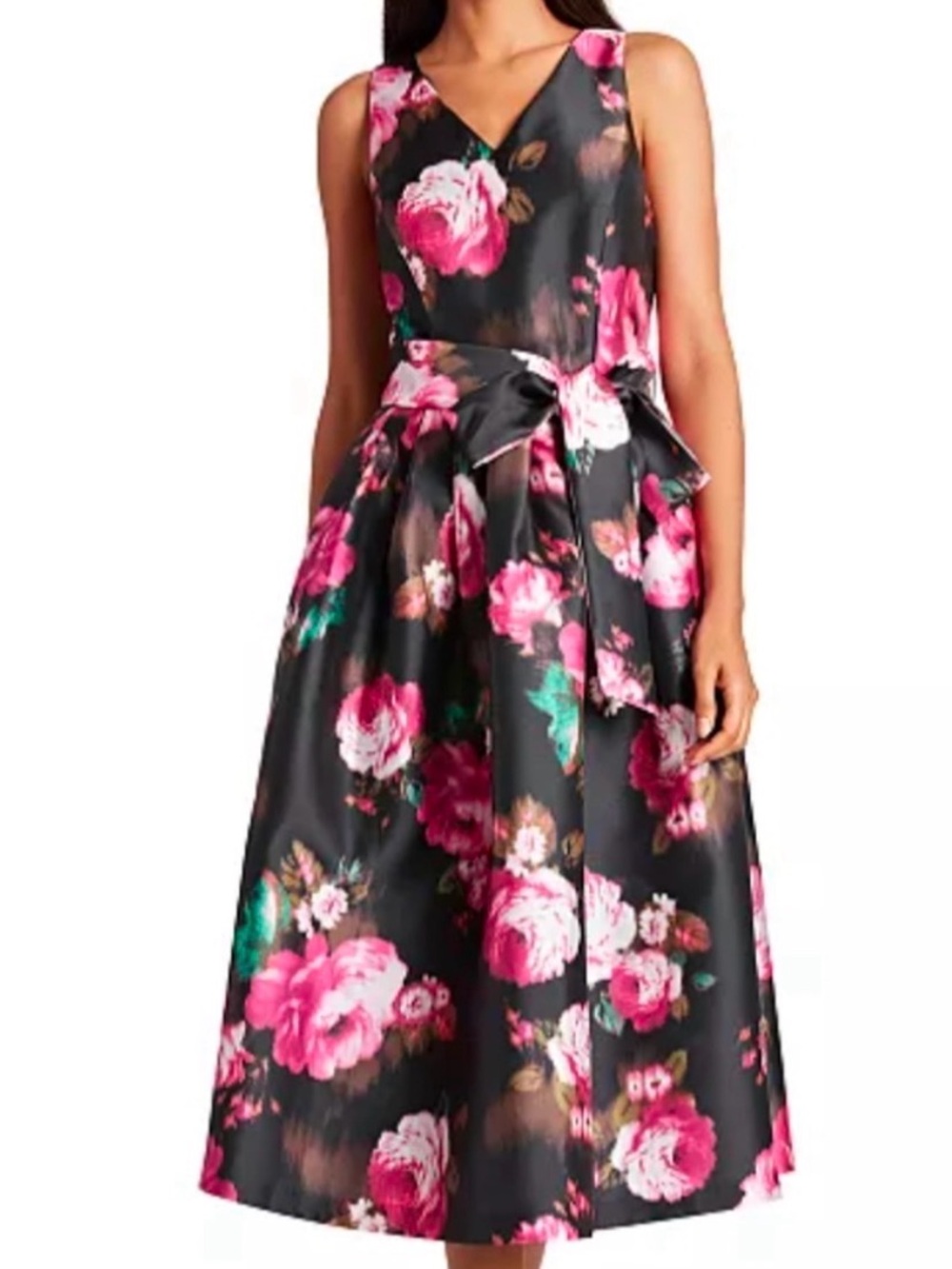 Tahari Black Floral V-Neck Sleeveless Dress with Bow Waist - Picture 8 of 9